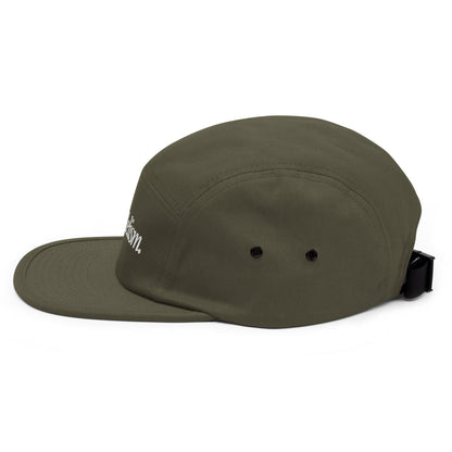 Olive green five-panel cap with curved brim and ventilation eyelets