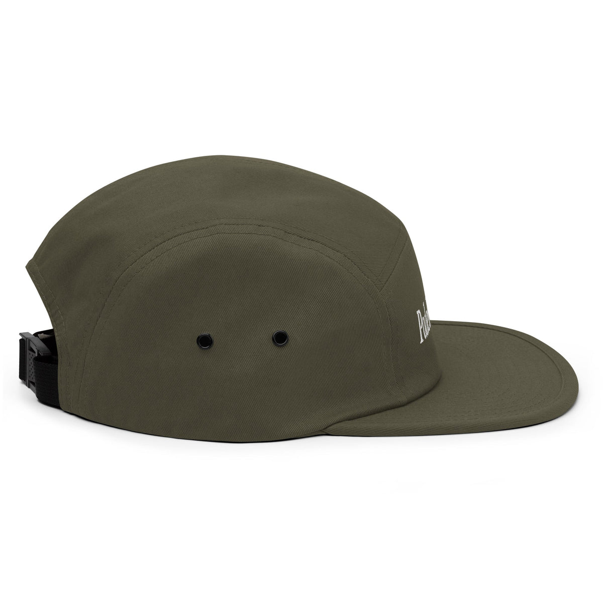 Olive green five-panel cap with curved brim; ventilation eyelets visible