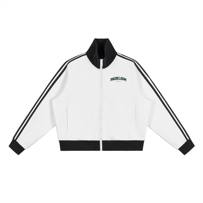 White track jacket with black stand collar, black stripe sleeves, and chest logo