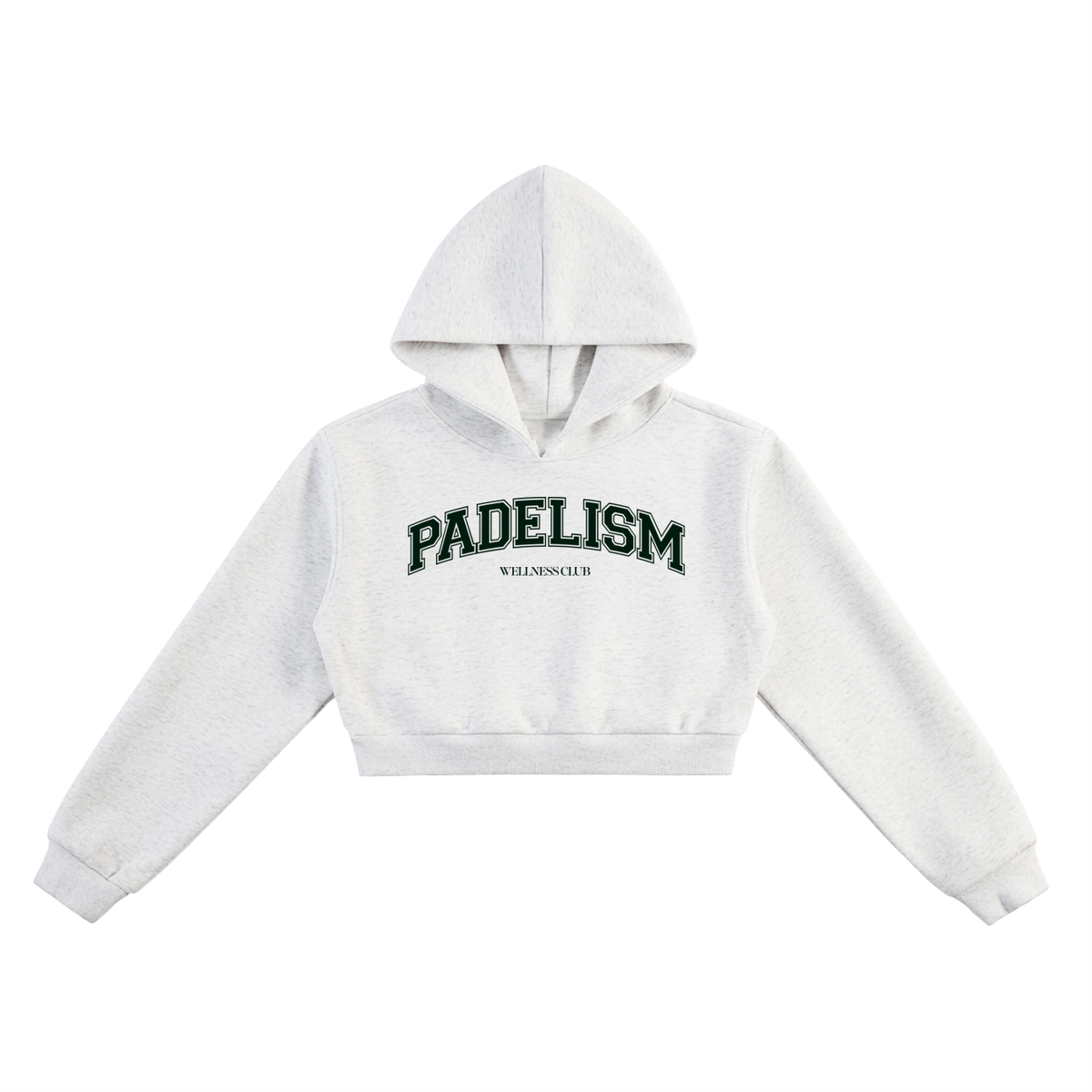 Light gray cropped hoodie with hood and front logo print