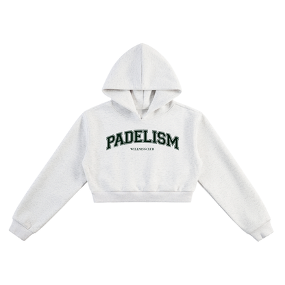 Light gray cropped hoodie with hood and front logo print