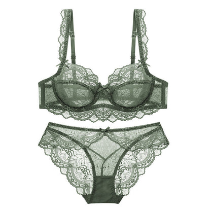 Green lace sheer bra and lace panty set with underwire cups and adjustable straps