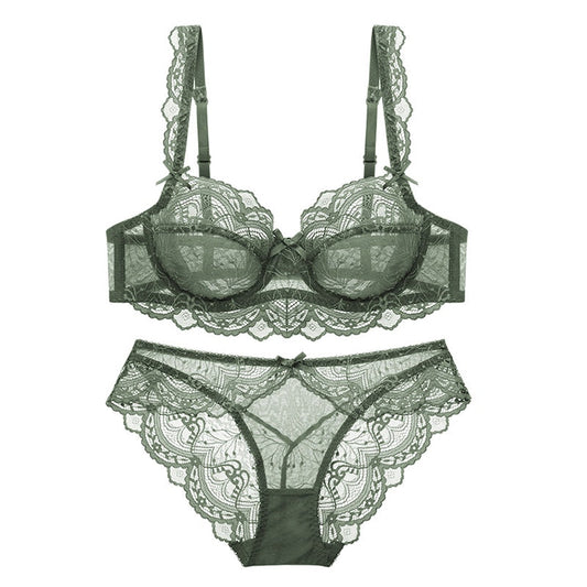 Green lace sheer bra and lace panty set with underwire cups and adjustable straps