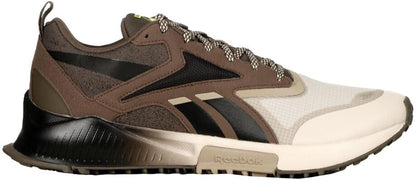 Men's trail running shoes, brown and tan mesh with dark trim and rugged lug outsole
