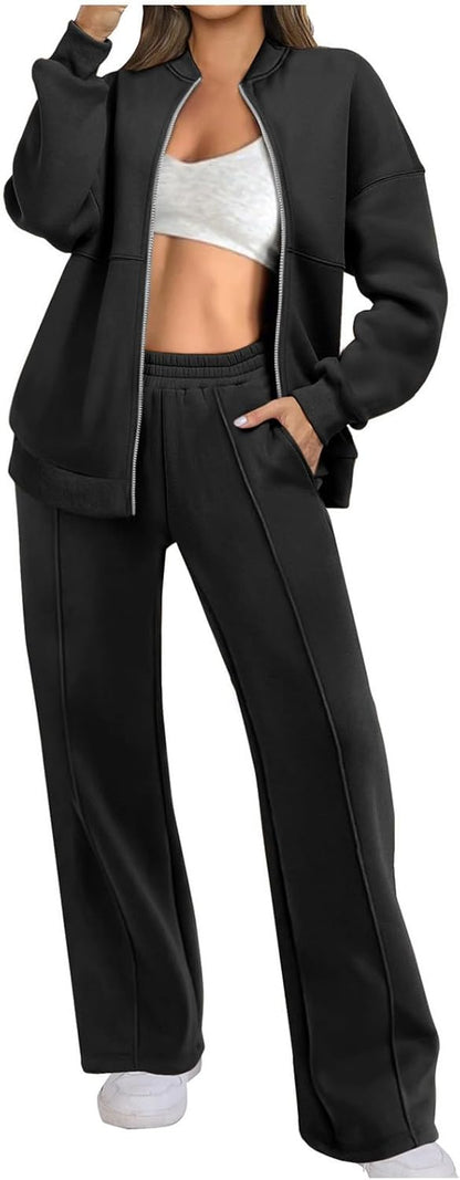 Two Piece Set for Women Full Zipper Jackets and Trousers Set