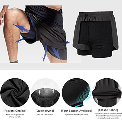 Danfiki Men Running Shorts Men's Shorts Workout with Phone Pocket 2 in 1 Gym Training Shorts Lightweight Quick Drying