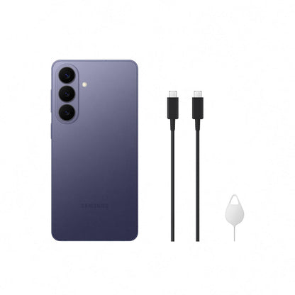Samsung Galaxy S26 smartphone back in violet with two black charging cables