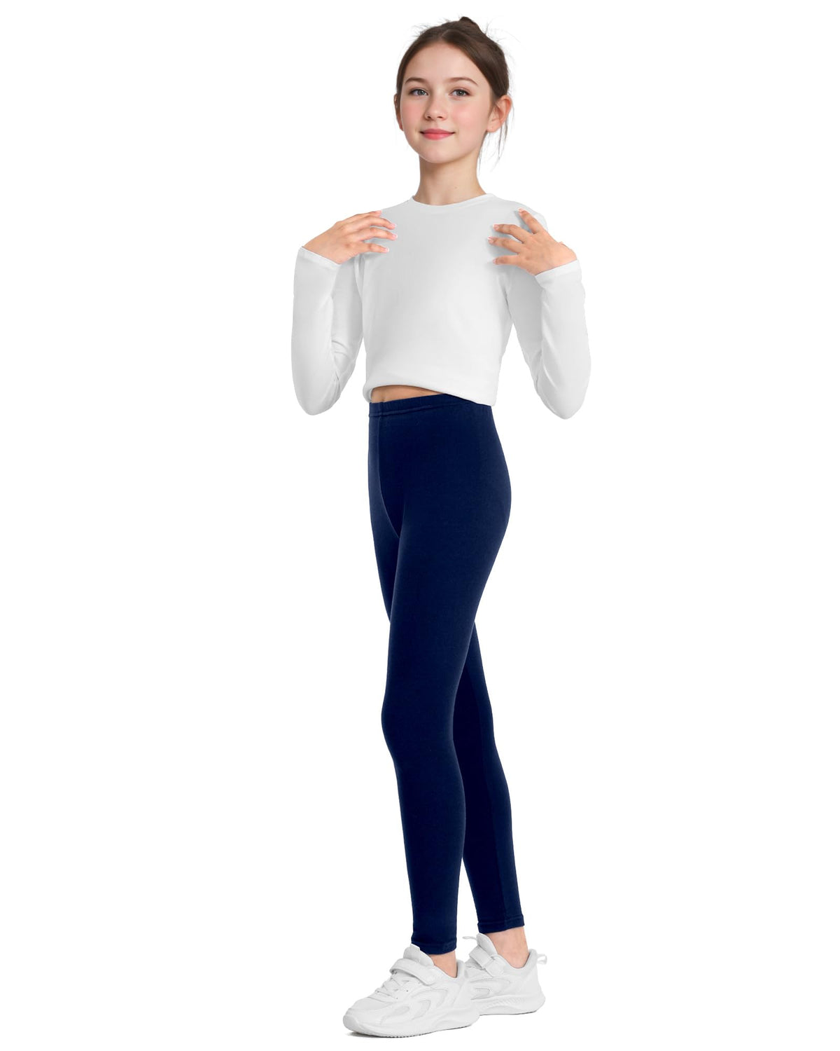 Girls full-length navy leggings with pull-on elastic waist