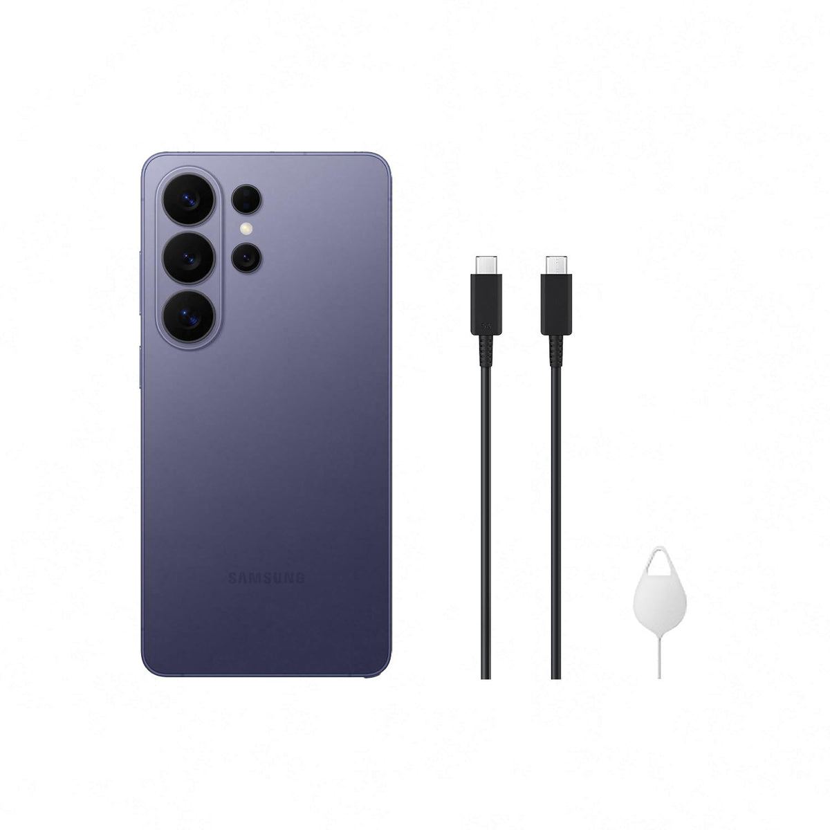 Lavender Galaxy smartphone back with triple camera and two charging cables