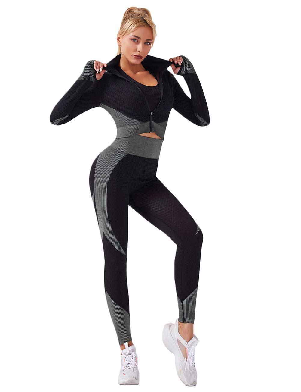 Veriliss Women's 3pcs Gym Tracksuit Sweatsuit Women's Activewear Sets 2024 Sport Yoga Fitness Clothing Ladies Workout Outfit Sportsuits for Running Jogging