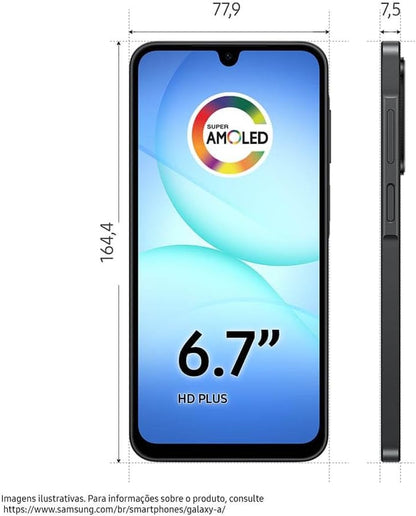 Smartphone front view with 6.7-inch display and side thickness profile