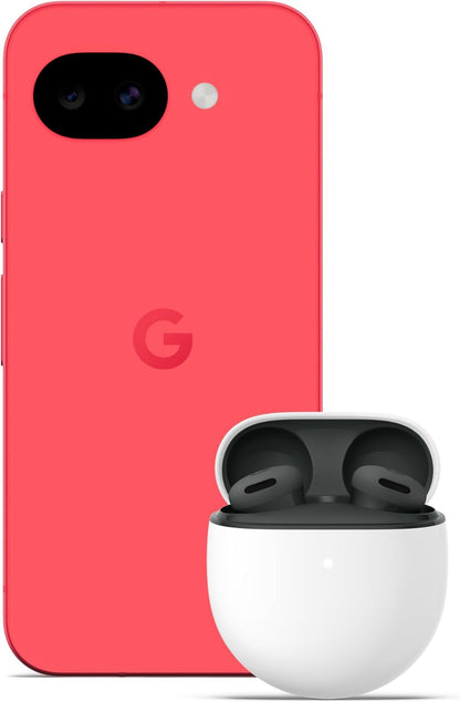 Berry Google Pixel 10a unlocked 5G smartphone with wireless earbuds in white charging case