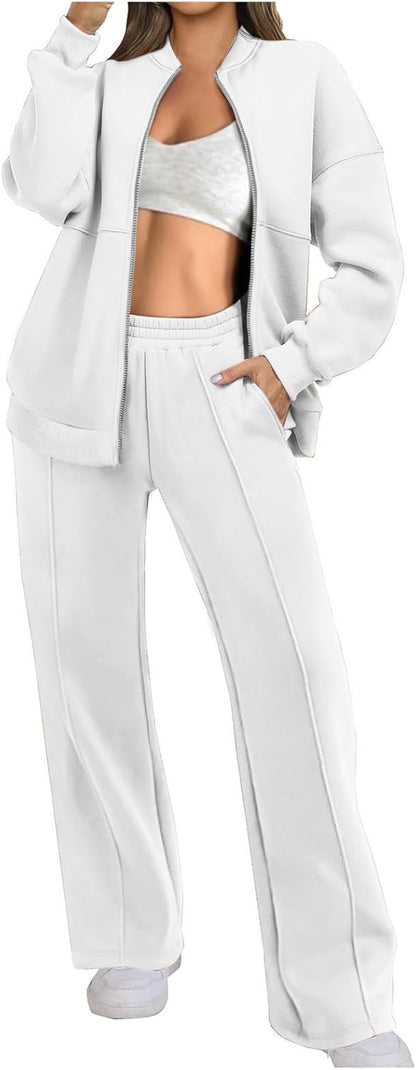 Two Piece Set for Women Full Zipper Jackets and Trousers Set
