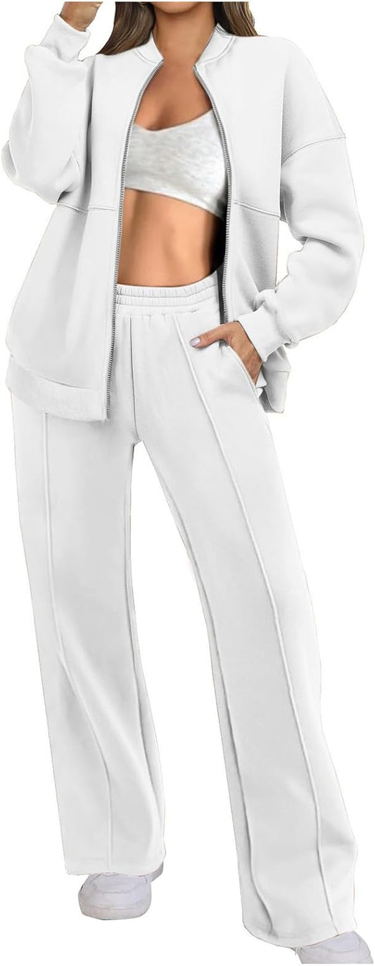 Two Piece Set for Women Full Zipper Jackets and Trousers Set