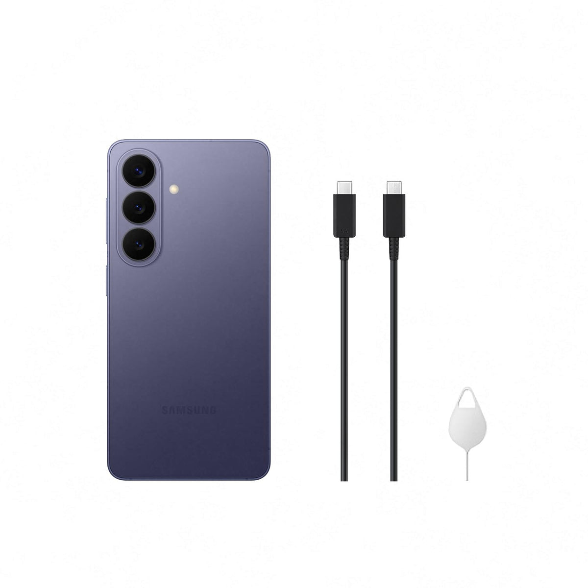 Violet Galaxy smartphone back with triple-camera array and two connected black cables