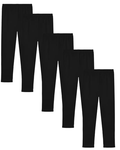 Set of five black girls full-length leggings, stretch knit with elastic waistband