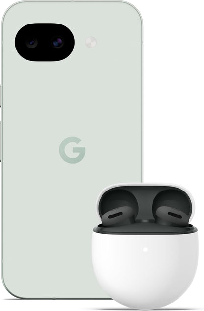 Google Pixel 10a unlocked 5G smartphone with wireless earbuds, fog color and white case