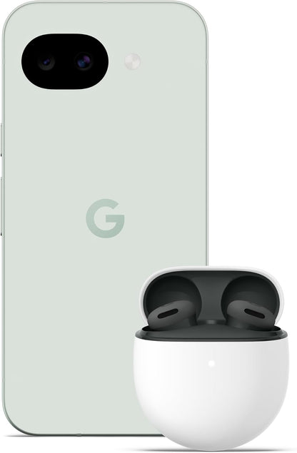 Fog Google Pixel 10a unlocked 5G smartphone with wireless earbuds in white charging case