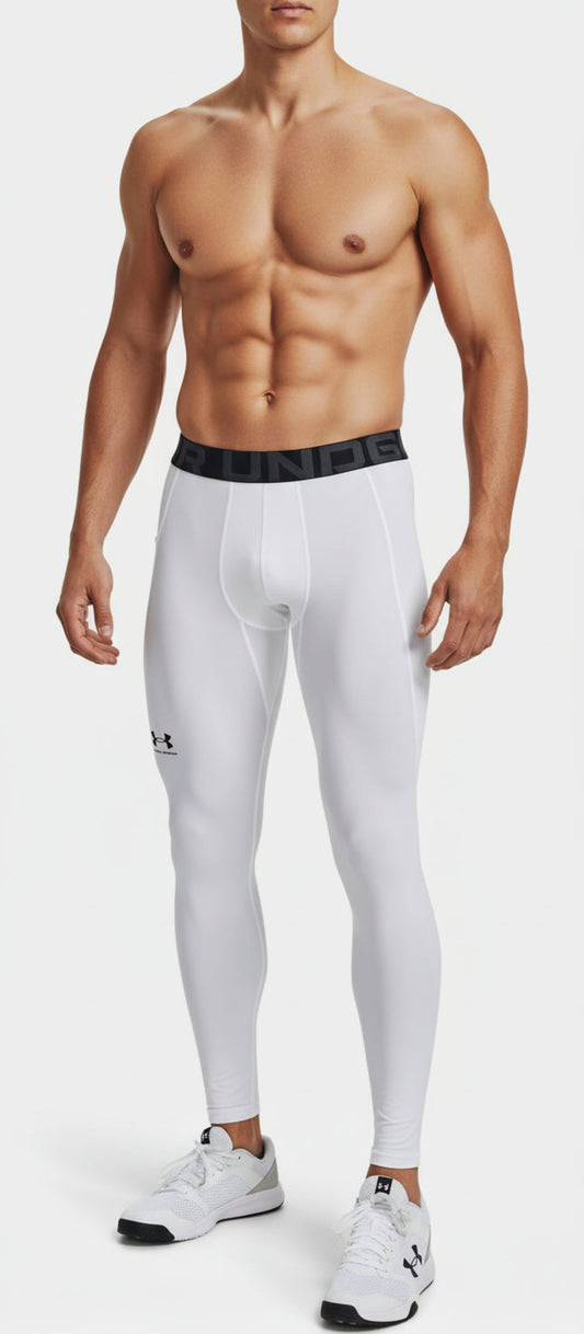 White compression leggings with black waistband featuring a logo on a white background