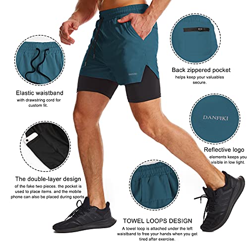 Danfiki Men Running Shorts Men's Shorts Workout with Phone Pocket 2 in 1 Gym Training Shorts Lightweight Quick Drying