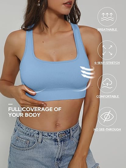 FITTIN Padded Sports Bra for Women ：Ribbed Racerback Seamless Wireless Workout Bras Pack