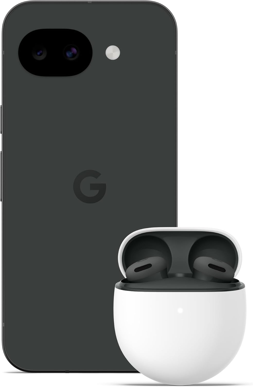 Google Pixel 10a unlocked 5G smartphone with wireless earbuds, obsidian and white case