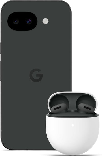 Google Pixel 10a unlocked 5G smartphone with wireless earbuds, obsidian and white case