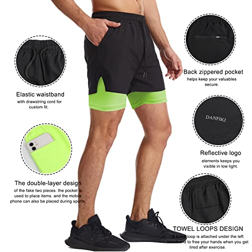 Danfiki Men Running Shorts Men's Shorts Workout with Phone Pocket 2 in 1 Gym Training Shorts Lightweight Quick Drying