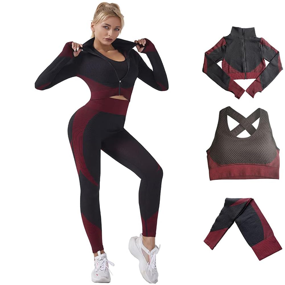 Veriliss Women's 3pcs Gym Tracksuit Sweatsuit Women's Activewear Sets 2024 Sport Yoga Fitness Clothing Ladies Workout Outfit Sportsuits for Running Jogging