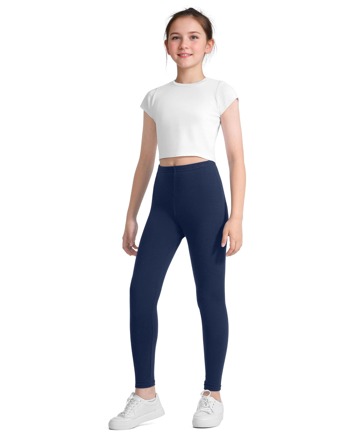 Girls full-length navy leggings with stretchy elastic waistband