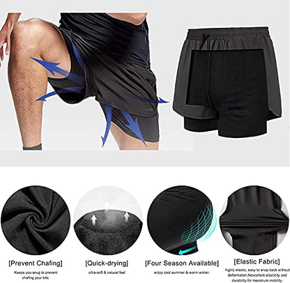 Danfiki Men Running Shorts Men's Shorts Workout with Phone Pocket 2 in 1 Gym Training Shorts Lightweight Quick Drying