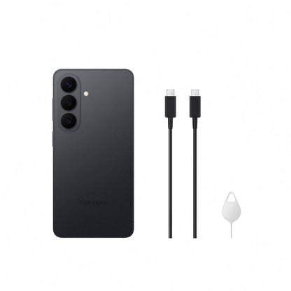 Dark smartphone back with charging cables and white earbuds and case