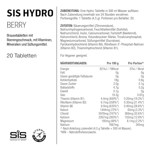 Science In Sport Hydro Hydration Tablets, Gluten-Free, Zero Sugar, Berry Flavour Plus Electrolytes, 20 Effervescent Tablets