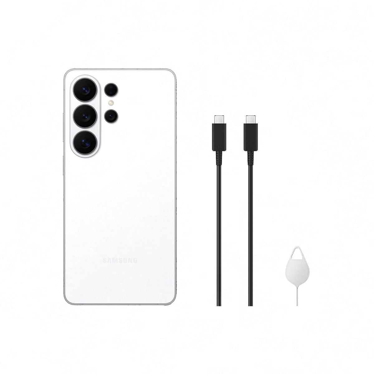 White Samsung Galaxy smartphone back with triple cameras and two charging cables