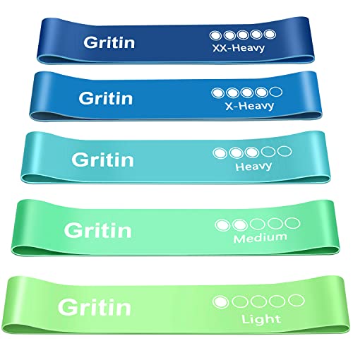 Gritin Resistance Bands, [Set of 5] Skin-Friendly Resistance Fitness Exercise Loop Bands with 5 Different Resistance Levels - Carrying Case Included - Ideal for Home, Gym, Yoga, Training