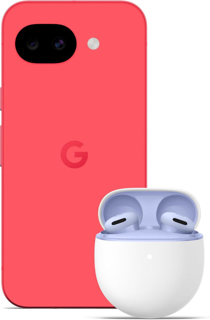 Berry Google Pixel 10a unlocked 5G smartphone with wireless earbuds in white charging case