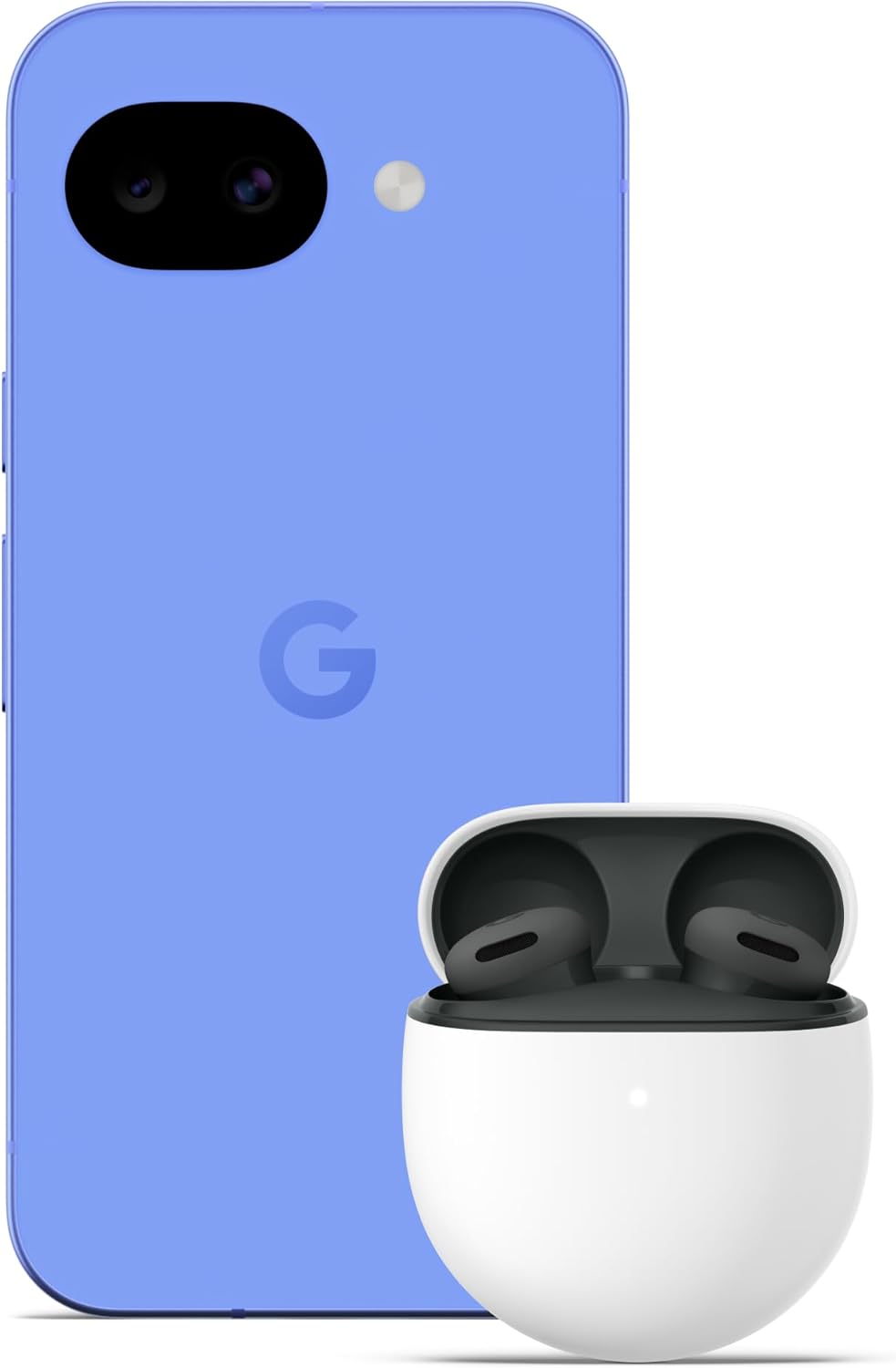 Google Pixel 10a unlocked 5G smartphone with wireless earbuds, lavender color and white case