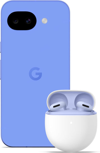 Lavender Google Pixel 10a unlocked 5G smartphone with wireless earbuds in white charging case