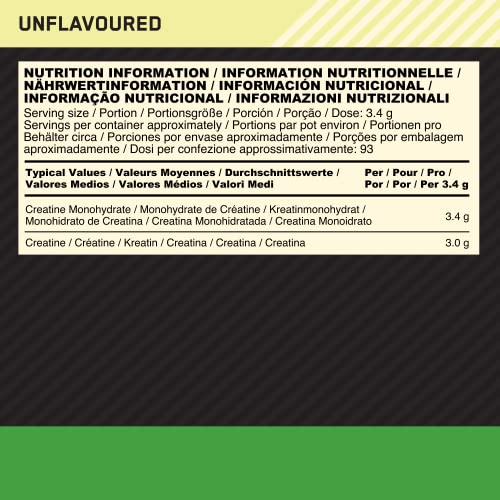 Optimum Nutrition Micronised Creatine Powder, 100% Pure Creatine Monohydrate Powder for Performance and Muscle Power, Unflavoured Shake, 186 Servings, 634 g