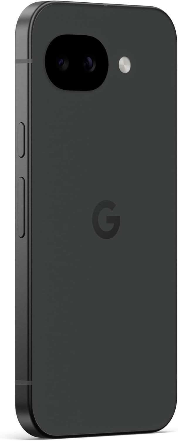 Dark gray smartphone back with dual cameras and Google logo, single rear view.