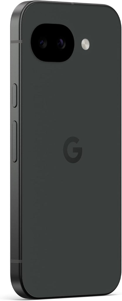 Dark gray smartphone back with dual cameras and Google logo, single rear view.
