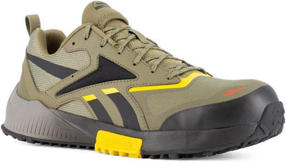 Men's trail running shoes, khaki mesh upper with yellow lacing and black toe