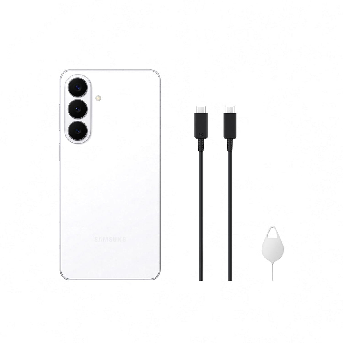 White Samsung smartphone back with two charging cables and adapter
