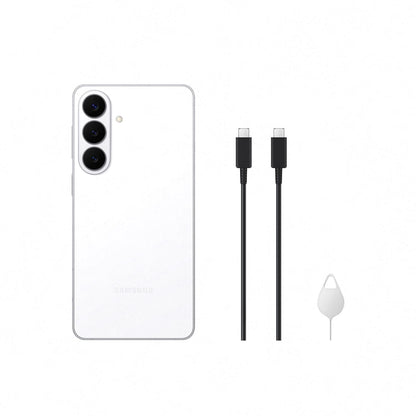 White Samsung smartphone back with two charging cables and adapter
