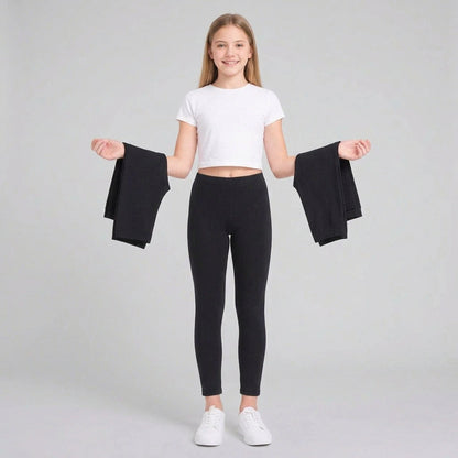 Girls black full-length leggings with smooth stretch fit and elastic waistband