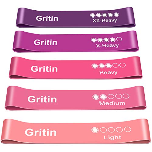 Gritin Resistance Bands, [Set of 5] Skin-Friendly Resistance Fitness Exercise Loop Bands with 5 Different Resistance Levels - Carrying Case Included - Ideal for Home, Gym, Yoga, Training