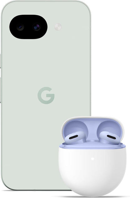 Google Pixel 10a unlocked 5G smartphone with wireless earbuds, fog color and lavender case