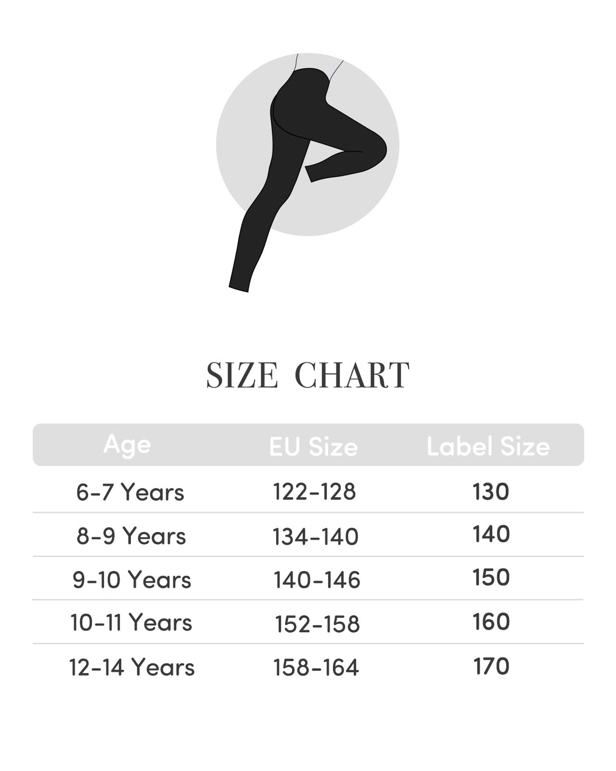 Size chart graphic for girls black cotton leggings with leg fit shown
