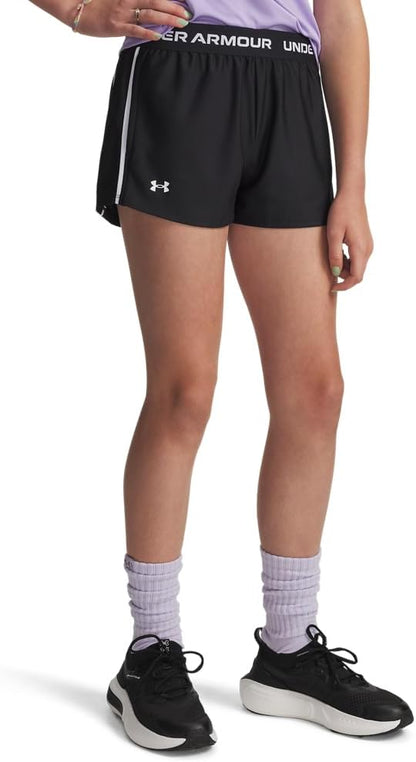 Under Armour Girls' Tech Play Up Short, Girls' Running Shorts with Shaped Hem and Open-Hand Pockets, Breathable and Fast-Drying Gym Shorts Black YXL