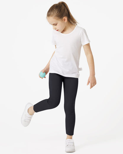 Girls black cotton leggings, walking pose, full-length tapered fit